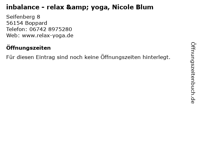 inbalance - relax & yoga, Nicole Blum in Boppard: Adresse und Öffnungszeiten