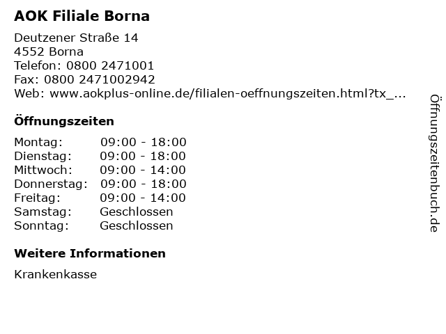 AOK Filiale Borna in Borna: Adresse und Öffnungszeiten