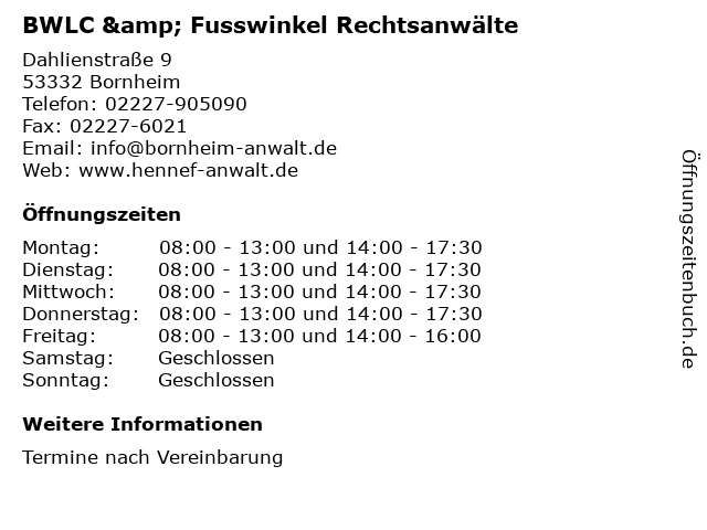 BWLC & Fusswinkel Rechtsanwälte in Bornheim: Adresse und Öffnungszeiten