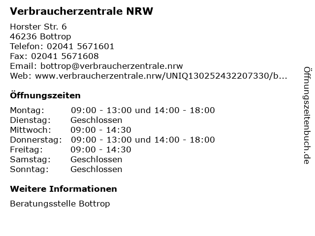Verbraucherzentrale NRW in Bottrop: Adresse und Öffnungszeiten