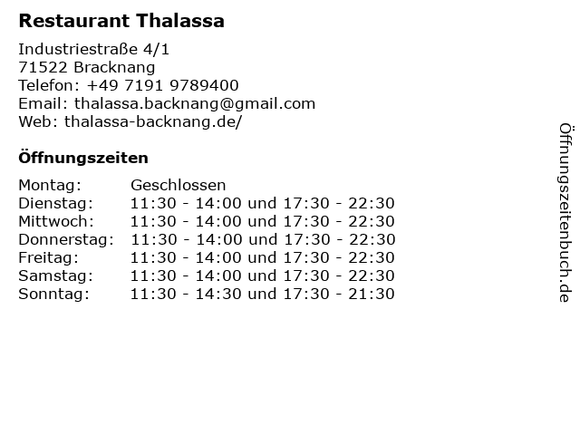 Restaurant Thalassa in Bracknang: Adresse und Öffnungszeiten