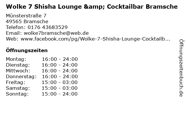Wolke 7 Shisha Lounge & Cocktailbar Bramsche in Bramsche: Adresse und Öffnungszeiten