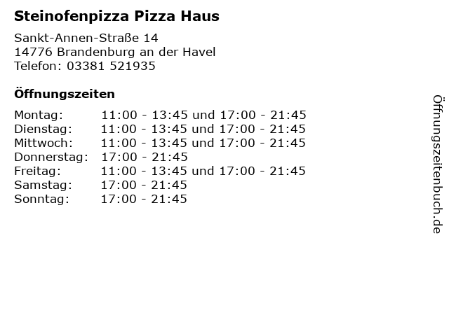 Steinofenpizza Pizza Haus in Brandenburg an der Havel: Adresse und Öffnungszeiten