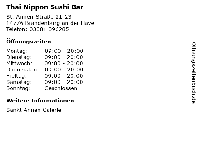 Thai Nippon Sushi Bar in Brandenburg an der Havel: Adresse und Öffnungszeiten