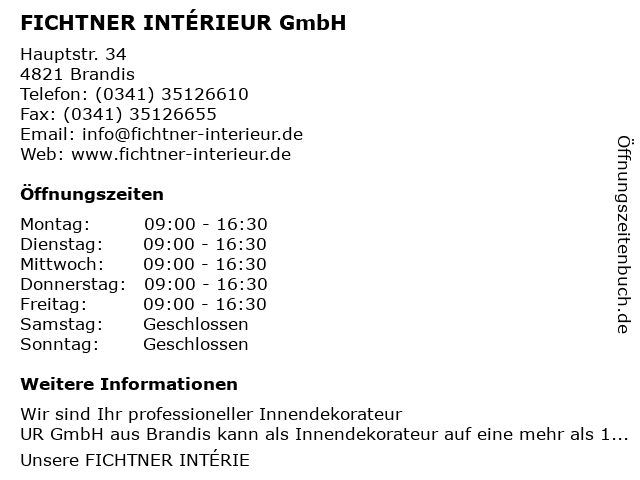 FICHTNER INTÉRIEUR GmbH in Brandis: Adresse und Öffnungszeiten