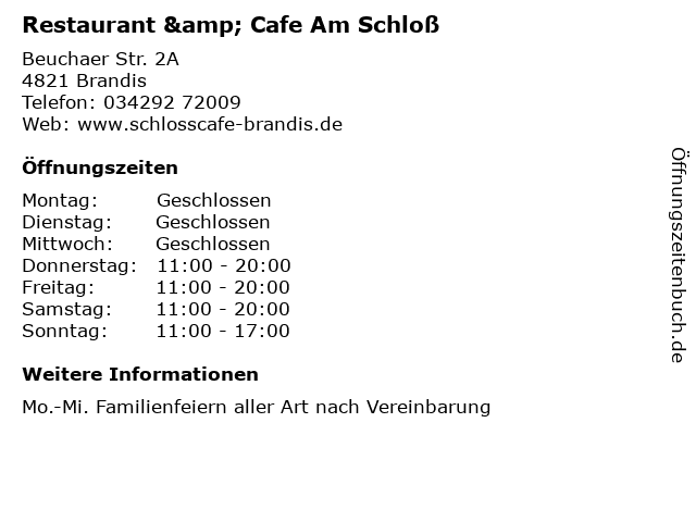 Restaurant & Cafe Am Schloß in Brandis: Adresse und Öffnungszeiten