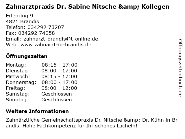 Zahnarztpraxis Dr. Sabine Nitsche & Kollegen in Brandis: Adresse und Öffnungszeiten