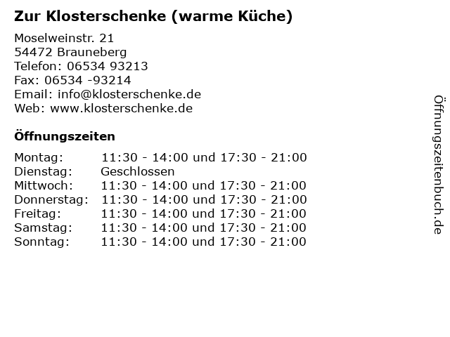 Zur Klosterschenke (warme Küche) in Brauneberg: Adresse und Öffnungszeiten