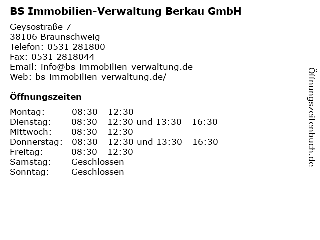 ᐅ Offnungszeiten Bs Immobilien Verwaltung Berkau U Specht Ohg Haus Und Grundstucksverwaltung Wolfenbutteler Strasse 5 In Braunschweig