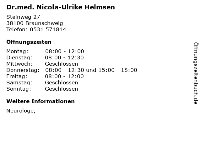 Dr.med. Nicola-Ulrike Helmsen in Braunschweig: Adresse und Öffnungszeiten