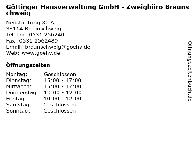 Göttinger Hausverwaltung GmbH - Zweigbüro Braunschweig in Braunschweig: Adresse und Öffnungszeiten