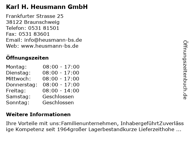 ᐅ Offnungszeiten Karl H Heusmann Kg Mineralol Grosshdl Frankfurter Str 25 In Braunschweig