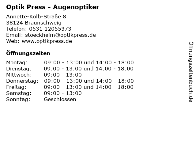 Optik Press - Augenoptiker in Braunschweig: Adresse und Öffnungszeiten