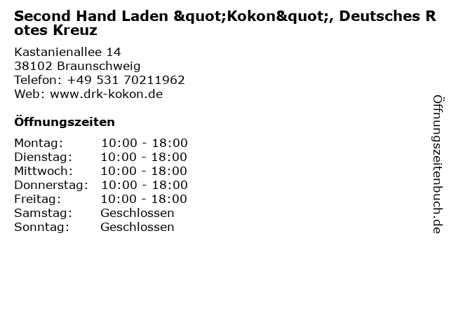 Second Hand Laden "Kokon", Deutsches Rotes Kreuz in Braunschweig: Adresse und Öffnungszeiten