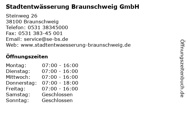 Stadtentwässerung Braunschweig GmbH in Braunschweig: Adresse und Öffnungszeiten