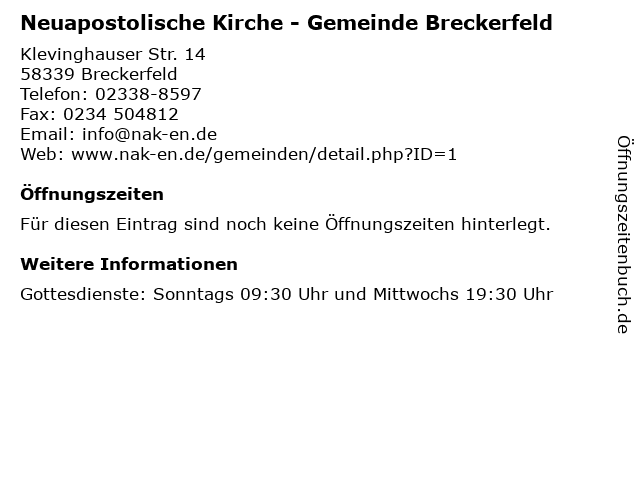 Neuapostolische Kirche - Gemeinde Breckerfeld in Breckerfeld: Adresse und Öffnungszeiten