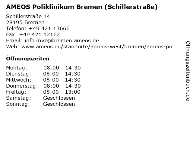 AMEOS Poliklinikum Bremen (Schillerstraße) in Bremen: Adresse und Öffnungszeiten