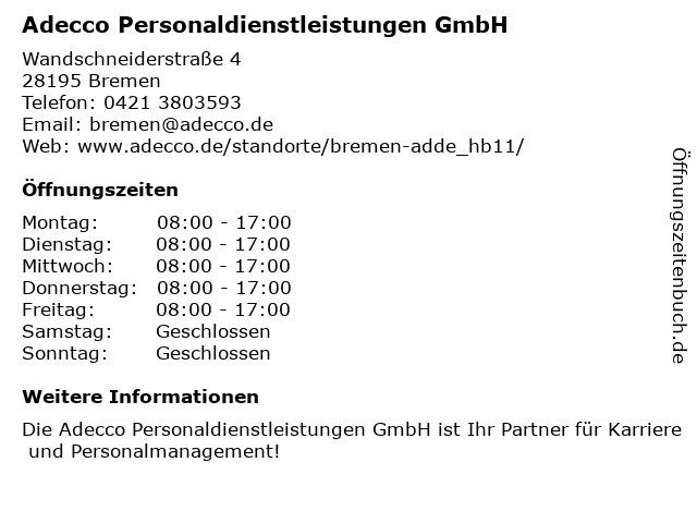 Adecco Personaldienstleistungen GmbH in Bremen: Adresse und Öffnungszeiten