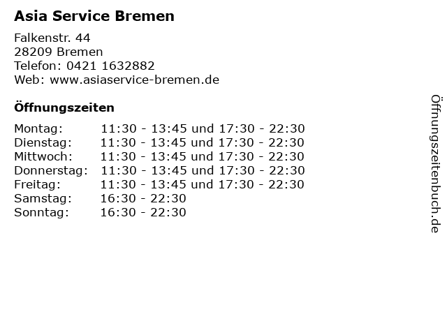 Asia Service Bremen in Bremen: Adresse und Öffnungszeiten