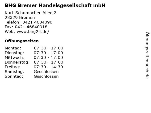BHG Bremer Handelsgesellschaft mbH in Bremen: Adresse und Öffnungszeiten