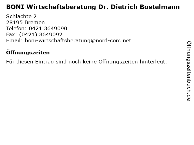 BONI Wirtschaftsberatung Dr. Dietrich Bostelmann in Bremen: Adresse und Öffnungszeiten