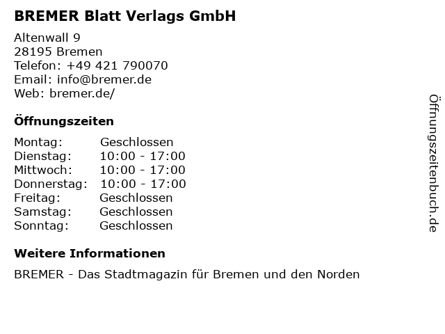 BREMER Blatt Verlags GmbH in Bremen: Adresse und Öffnungszeiten