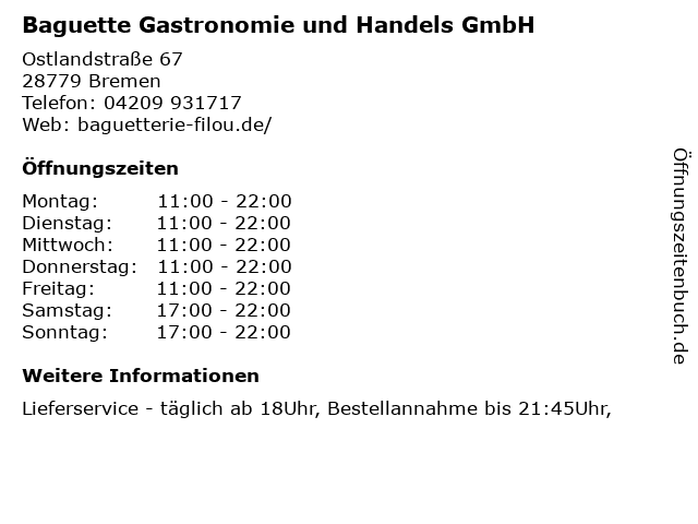 Baguette Gastronomie und Handels GmbH in Bremen: Adresse und Öffnungszeiten