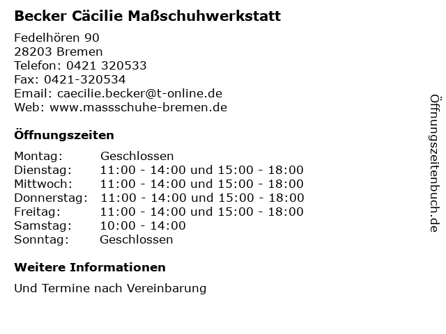 Becker Cäcilie Maßschuhwerkstatt in Bremen: Adresse und Öffnungszeiten