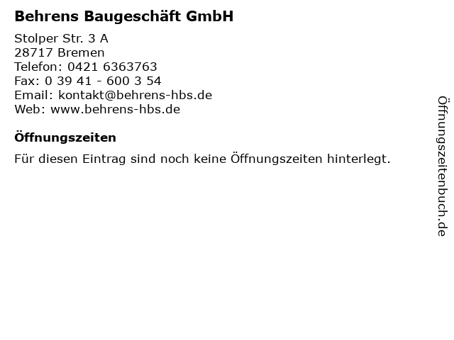 Behrens Baugeschäft GmbH in Bremen: Adresse und Öffnungszeiten