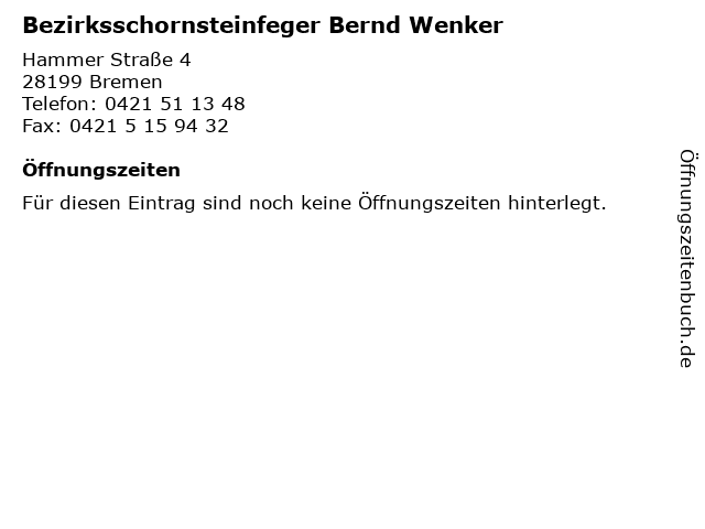 Bezirksschornsteinfeger Bernd Wenker in Bremen: Adresse und Öffnungszeiten
