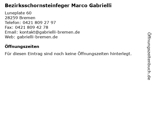 Bezirksschornsteinfeger Marco Gabrielli in Bremen: Adresse und Öffnungszeiten
