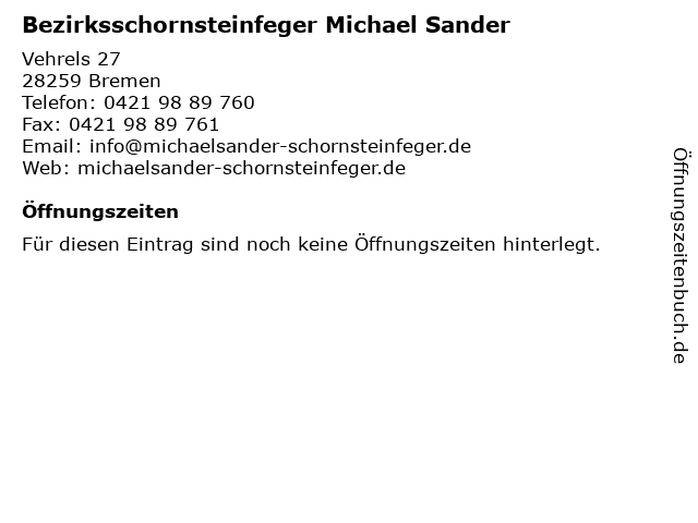 Bezirksschornsteinfeger Michael Sander in Bremen: Adresse und Öffnungszeiten