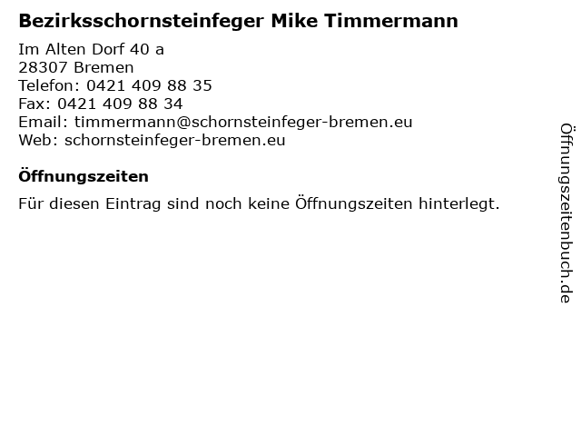 Bezirksschornsteinfeger Mike Timmermann in Bremen: Adresse und Öffnungszeiten