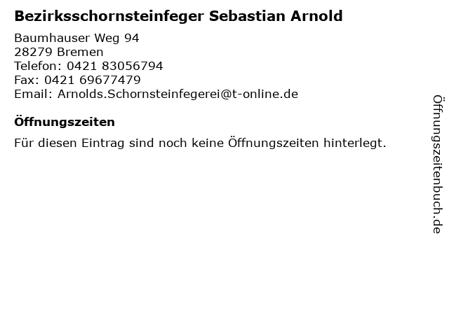 Bezirksschornsteinfeger Sebastian Arnold in Bremen: Adresse und Öffnungszeiten