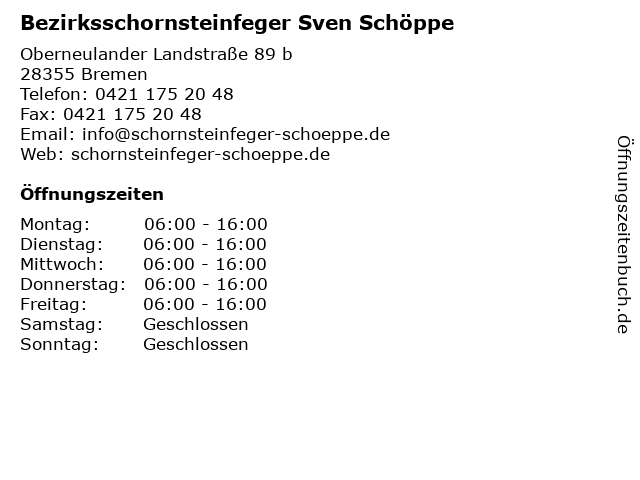 Bezirksschornsteinfeger Sven Schöppe in Bremen: Adresse und Öffnungszeiten