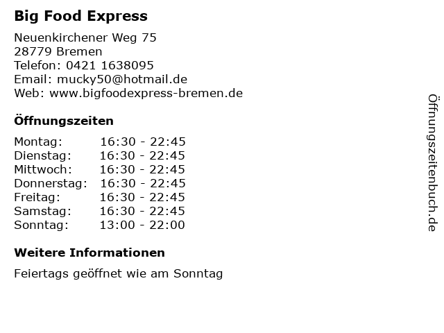 Big Food Express in Bremen: Adresse und Öffnungszeiten
