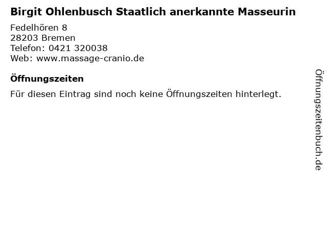 Birgit Ohlenbusch Staatlich anerkannte Masseurin in Bremen: Adresse und Öffnungszeiten