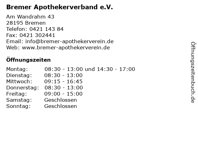 Bremer Apothekerverband e.V. in Bremen: Adresse und Öffnungszeiten
