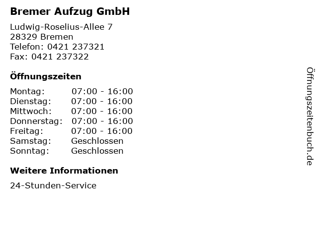 Bremer Aufzug GmbH in Bremen: Adresse und Öffnungszeiten
