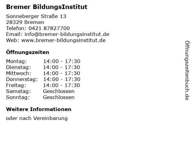 Bremer BildungsInstitut in Bremen: Adresse und Öffnungszeiten