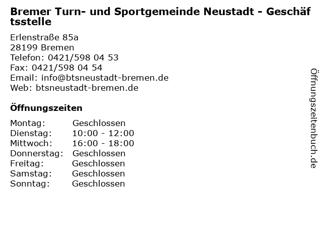 Bremer Turn- und Sportgemeinde Neustadt - Geschäftsstelle in Bremen: Adresse und Öffnungszeiten