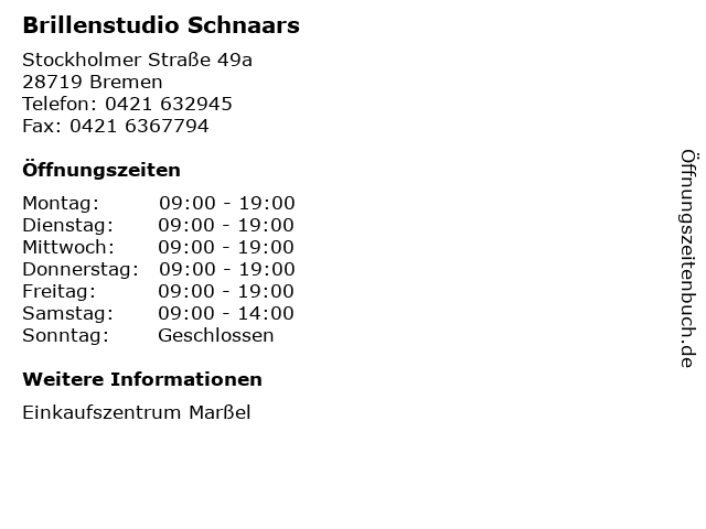 Brillenstudio Schnaars in Bremen: Adresse und Öffnungszeiten