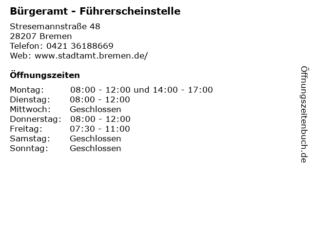 Bürgeramt - Führerscheinstelle in Bremen: Adresse und Öffnungszeiten