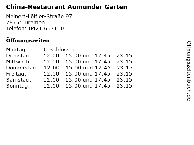 China-Restaurant Aumunder Garten in Bremen: Adresse und Öffnungszeiten