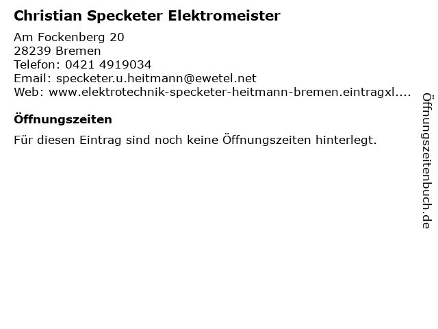 Christian Specketer Elektromeister in Bremen: Adresse und Öffnungszeiten