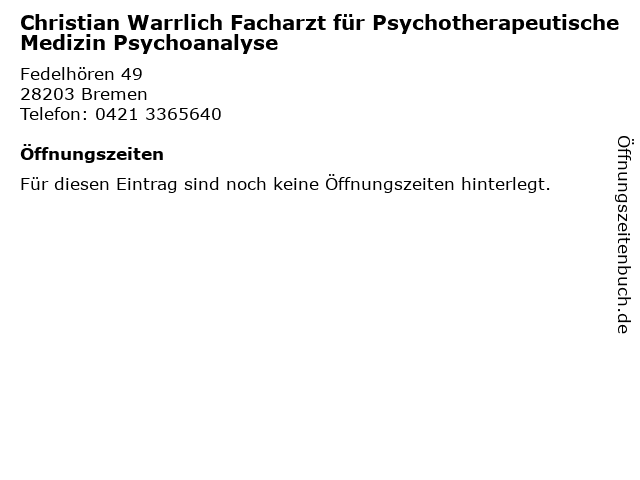 Christian Warrlich Facharzt für Psychotherapeutische Medizin Psychoanalyse in Bremen: Adresse und Öffnungszeiten
