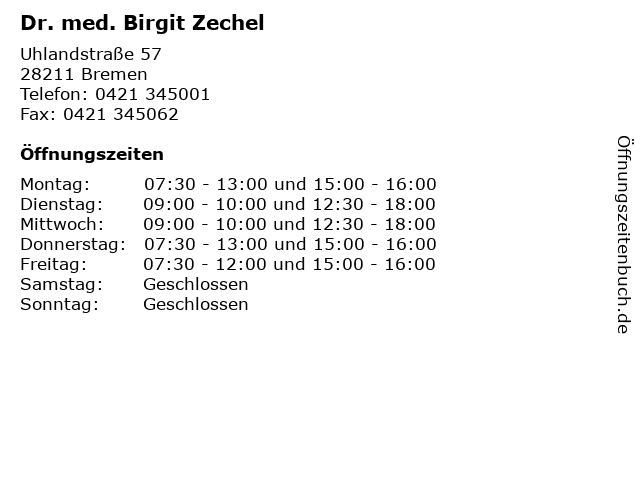 Dr. med. Birgit Zechel in Bremen: Adresse und Öffnungszeiten