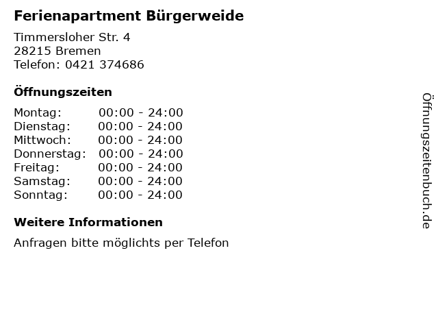 Ferienapartment Bürgerweide in Bremen: Adresse und Öffnungszeiten