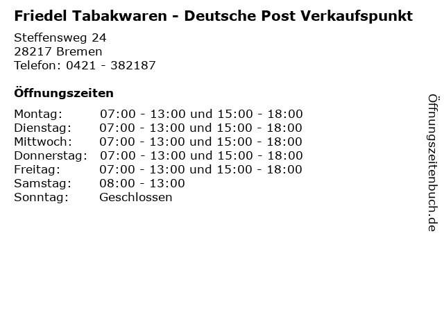 Friedel Tabakwaren - Deutsche Post Verkaufspunkt in Bremen: Adresse und Öffnungszeiten