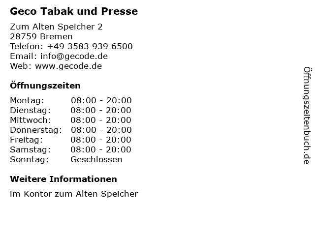 Geco Tabak und Presse in Bremen: Adresse und Öffnungszeiten